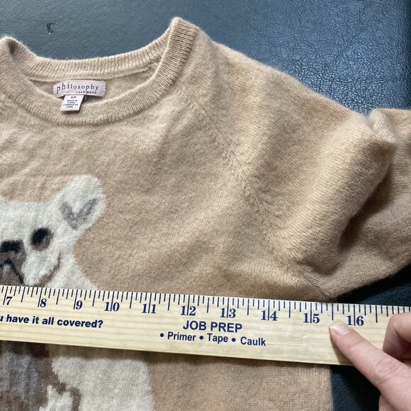 Philosophy Womens Cashmere Bulldog Sweater Camel Tan Graphic Cozy Luxe Winter - Picture 9 of 12